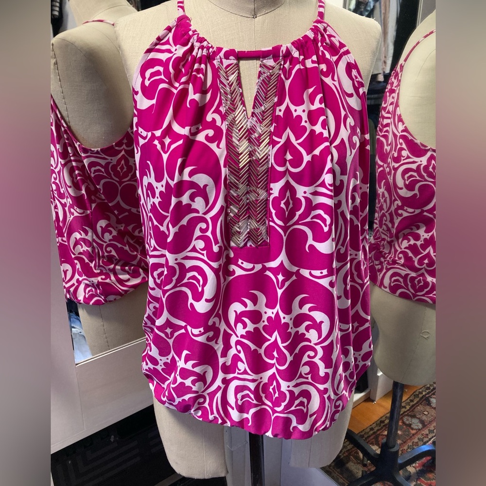 INC Sleeveless Hot Pink Print Top w/Elastic Waist & Silver Beading, Size PL